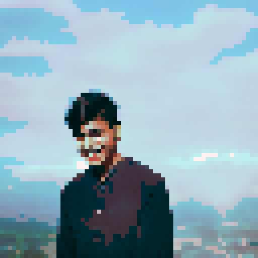 Indian boy with a slightly pointed chin and a warm, friendly smile, warm and medium-tan complexion, large and dark brown eyes with long, dark eyelashes, thick and dark brown eyebrows with a slight arch, medium-sized and slightly rounded nose, wide and expressive mouth with slightly upturned corners, short and black hair with a slight wave, character portrait, close up, anime style, pixel art