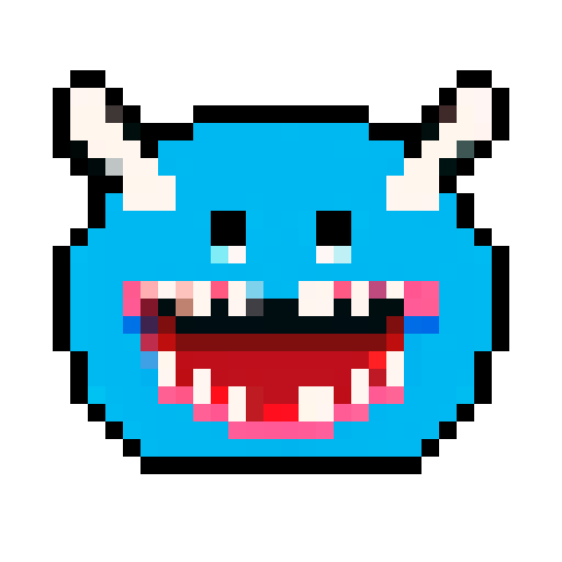 Pixel art of a blue head without eyes but with a huge toothy mouth, retro-style 16-bit, 32x32, aggressive design for a space survival game, sharp teeth, no background, transparent edges