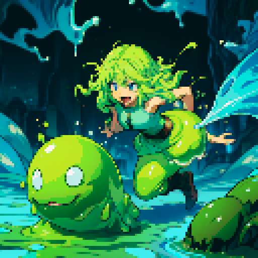 slime surging up around someone, slime engulfing a hero, slime consuming a hero, hero getting engulfed by slime, slime attack, dynamic, slime slamming into someone, impact, splashing slime, full-body image, full-body art, hero's hair and clothing color vary