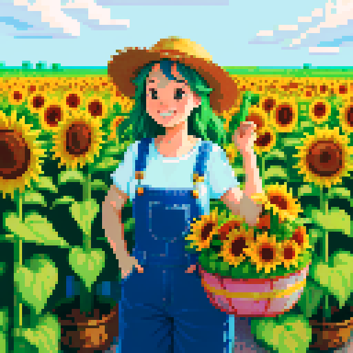 happy, female farmer in pixel art style, surrounded by vibrant green fields, wearing worn-out denim overalls and a straw hat, holding a basket full of freshly harvested carrots and a bouquet of sunflowers, with a content smile on his face, standing next to a rustic wooden cart filled with colorful fruits and vegetables