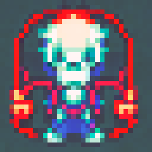 Pixelated skeleton sprite with glowing red eyes and bony fingers reaching out, set against a dark background with eerie mist and a sense of motion blur, perfect for a spooky side-scrolling adventure game.