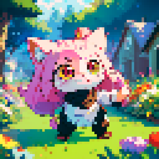cute, pixelated cat with big round eyes, tiny whiskers, and a playful expression, surrounded by vibrant, sRGB colors