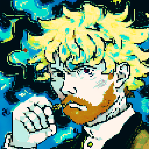 Van Gough's moon: anime-style, close-up character portrait, pixel art, glowing, ethereal, luminous, swirling, vibrant colors, textured brushstrokes, dreamlike, starry night, celestial, haunting, mystical, enchanting