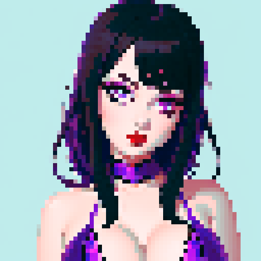 curvy, cute, goth girl,  black hair, purple eyeshadow, red lipstick. wearing bikini. glamour shot. 