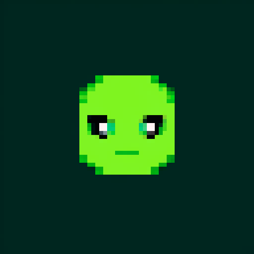 Pixel art of a flying head with one eye, green color, retro-style 16-bit, 24x24, simple design for a space survival game, floating alien head with a single glowing eye, no background, transparent edges