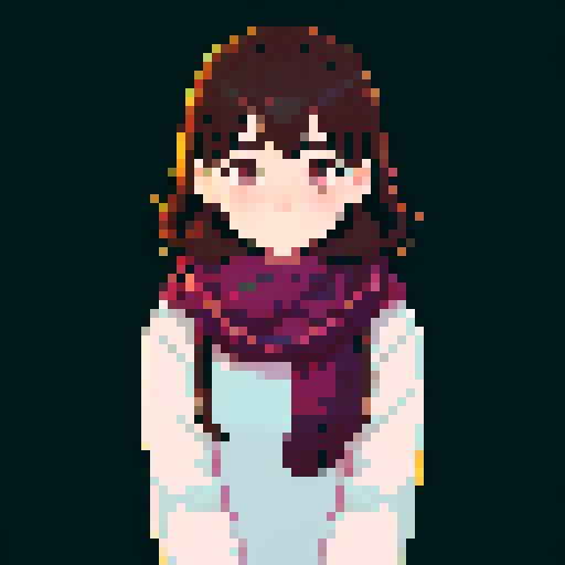 portrait, sprite art, young woman, dark eyes, dark hair, shy girl, awkward, cute, soft eyes, autistic, cozy, scarf, shy, timid, stardew valley
