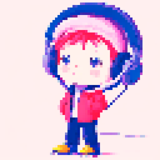 Chibi boy with rosy cheeks, wearing large headphones and a huge puffy jacket, looking from a highly detailed first person point of view, indie game style avatar