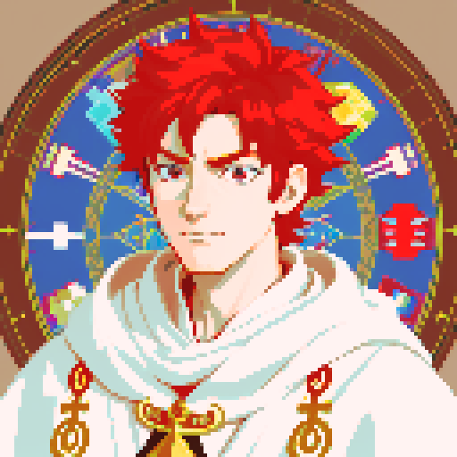 red headed male wizard with regal white robes, adorned with astrological symbols, in a pixel art style with vibrant sRGB colors