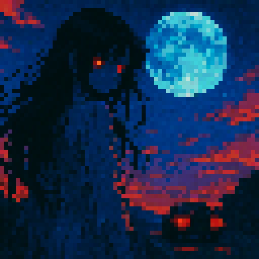 Ghost woman with red eyes, sunset backdrop, facing away, car driving towards moon in the night, anime style, vibrant colors, sRGB, pixel art