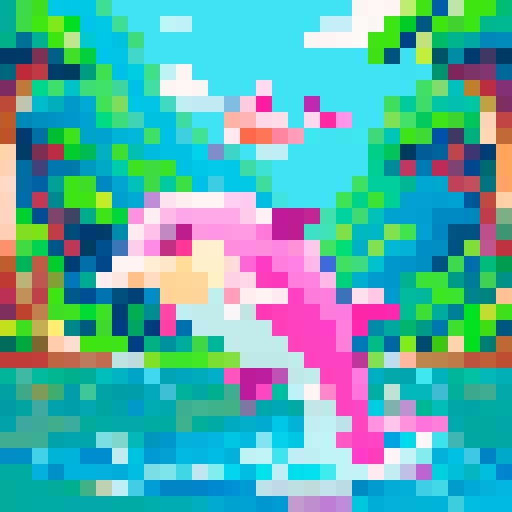 a pink dolphin jumping in a river in the middle of a rainforest