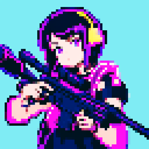 Street anime crypto mage girl, neon-lit night market, slicked-back hair, pixelated sniper rifle, fluorescent tattoos, sRGB glow, bustling crowds.
