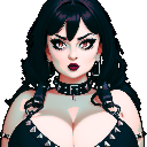 curvy, busty cute goth babe with studded collar, big titty goth wearing halter top, close up turned head glamour shot, pixel art, sRGB