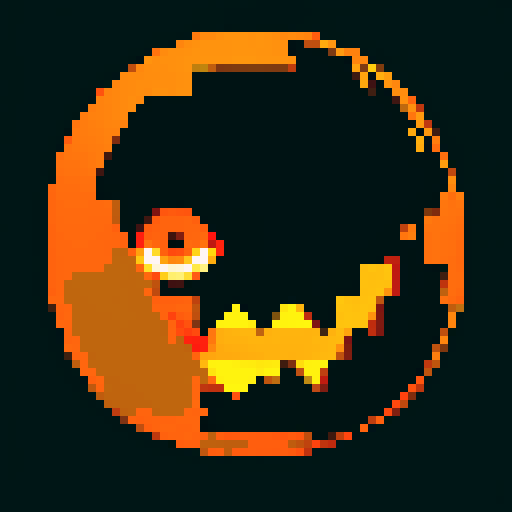 scary pumpkin face, creepy grin, glowing eyes, jagged teeth, vibrant orange, black shadows, pixelated texture, sRGB color palette, blank background