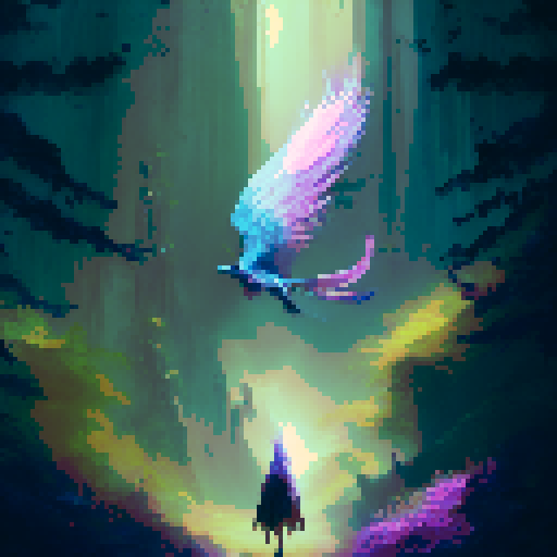 fantasy RPG, majestic, vibrant, multicolored, feathered, bird of paradise, soaring, elegant, graceful, wings spread wide, forest, lush, enchanted, towering trees, sunlight filtering through leaves, moss-covered ground, mystical ambiance