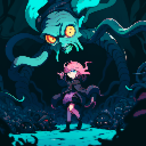 eldritch being, tentacles writhing, full body floating, brain pulsating, many eyes staring, eyeballs bulging, sRGB pixel art