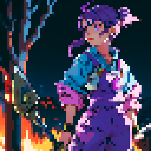 nerdy character, purple-haired, overalls-wearing, small hammer-wielding, jrpg-style, sRGB, pixel art