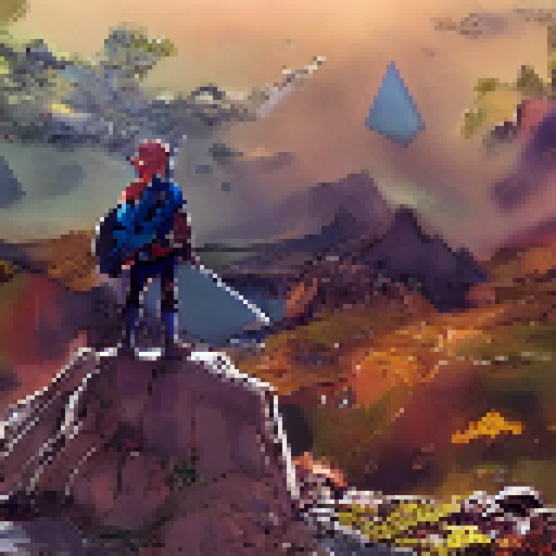 Link from legend of zelda standing on a mountaintop overlooking Hyrule field