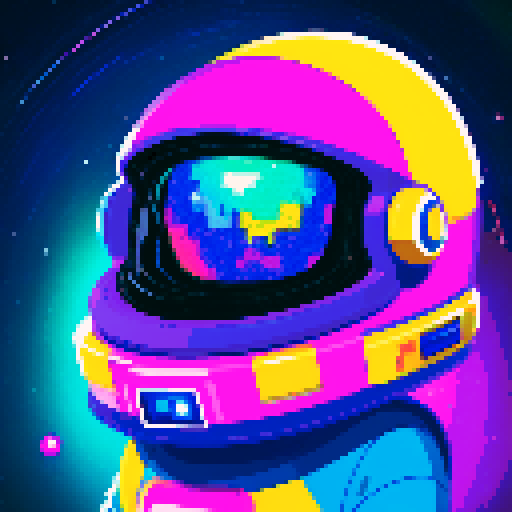 space traveler in vibrant pixel art spacesuit, with an open helmet showcasing a reflective visor, surrounded by swirling galaxies, twinkling stars, and celestial wonders, all rendered in space color vibrant palette.

