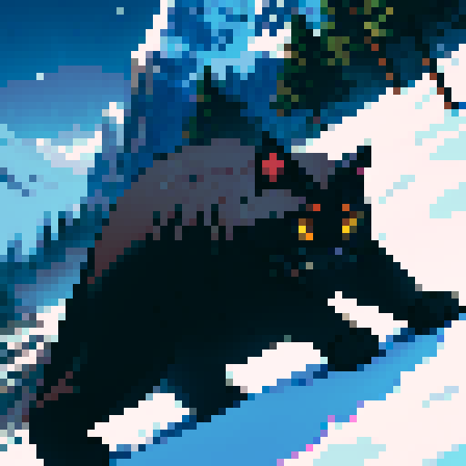Black cat with yellow eyes in snowy mountains