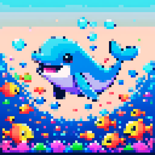 cute, cartoon whale, pixel art, sRGB, vibrant colors, playful, underwater scene, smiling, joyful, surrounded by colorful fish, bubbles floating around, blue ocean background