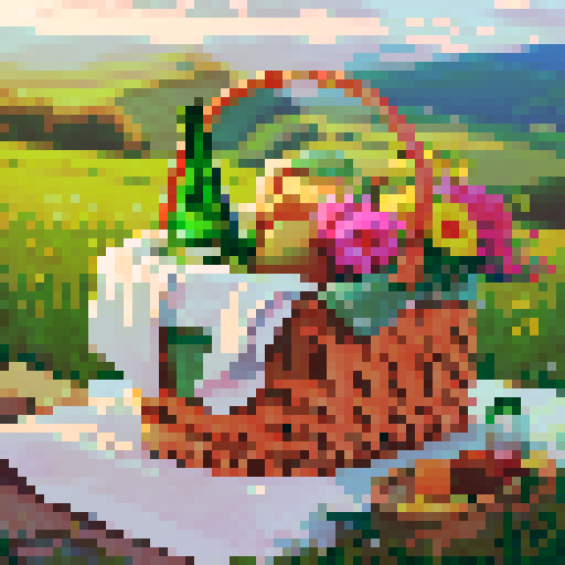 picnic basket with cloth, bouguet and green glass bottle inside
