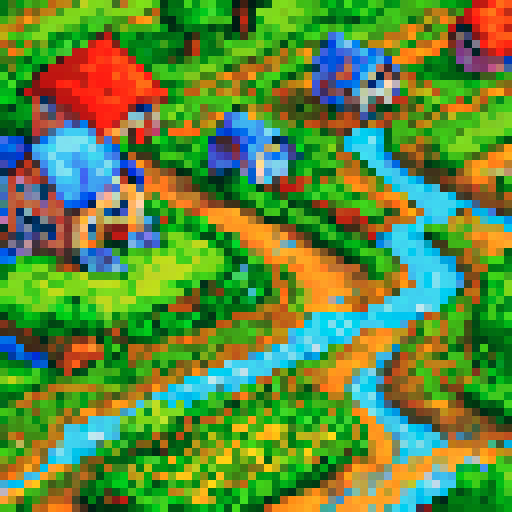 vibrant fields, rolling hills, quaint cottages, winding river, blooming flowers, lush trees, cobblestone pathways, distant mountains, clear blue sky