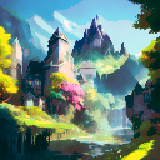 Gothic castle looming over misty mountains, surrounded by lush forests and cascading waterfalls, with a moat filled with shimmering blue water and a grand entrance adorned with golden gates