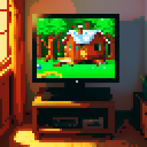 n64 game console in cozy room with the image of a cabin and forest on the screen saying "start"
