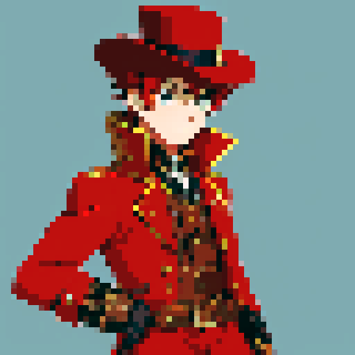 steampunk young man, red coat, red hat, 2D game stance, pixel art, sRGB