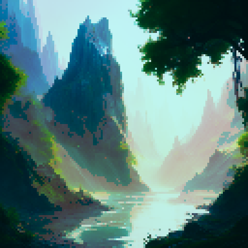  green blue and brown lush, vibrant forest; crystal-clear, sparkling water; majestic, towering mountains; ethereal, magical atmosphere;  enchanted, glowing flora; epic, sweeping landscapes; dramatic, cascading waterfalls; whimsical, swirling mist; overgrown paths; enchanting, hidden clearings; breathtaking, panoramic views; whimsical,  majestic, shimmering waterfalls; magical, ancient trees