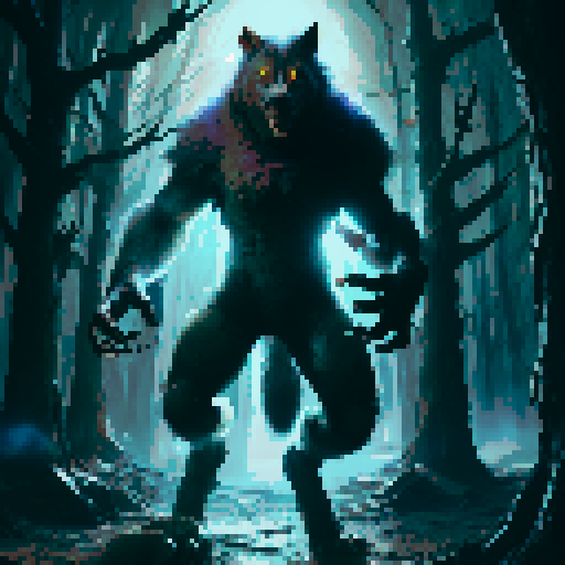 a werewolf, standing in the forest, red eyes, slightly bent forward