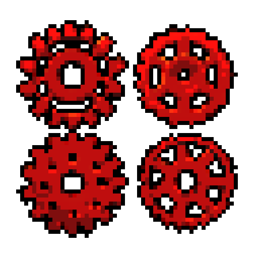 five small rusty copper gears, all different. Usable as assets (clear, thick lines and a solid color background)