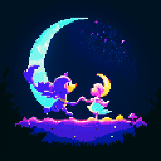 Moonlit night, shimmering crescent, glowing celestial orb, stars dancing, mystical glow, ethereal landscape, enchanting moonbeams, dreamlike atmosphere, pixelated magic, vibrant colors, retro-inspired art, sRGB palette, pixelated details, nostalgic vibes