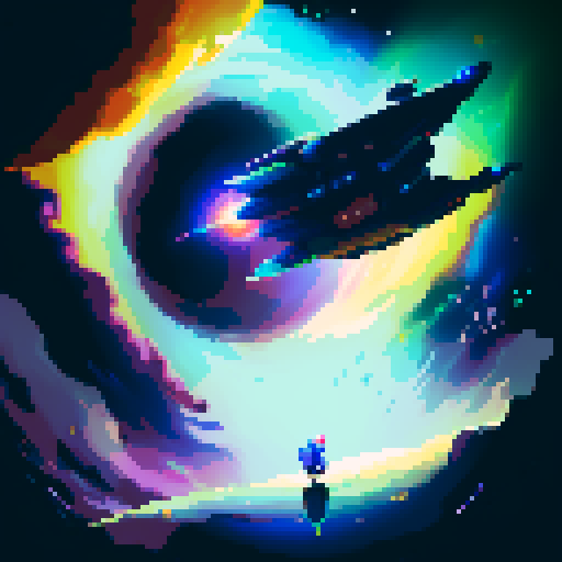spaceship, sideview, vibrant galaxy, swirling nebulas, twinkling stars, pixel art, srgb