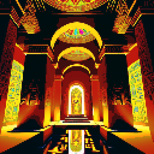 interior, top down, Egyptian tomb, hieroglyphics, torchlit, flickering flames, golden sarcophagus, bejeweled, intricate carvings, vibrant colors, ancient artifacts, mysterious shadows, ornate pillars, mosaic floor, elaborate wall paintings, ethereal atmosphere