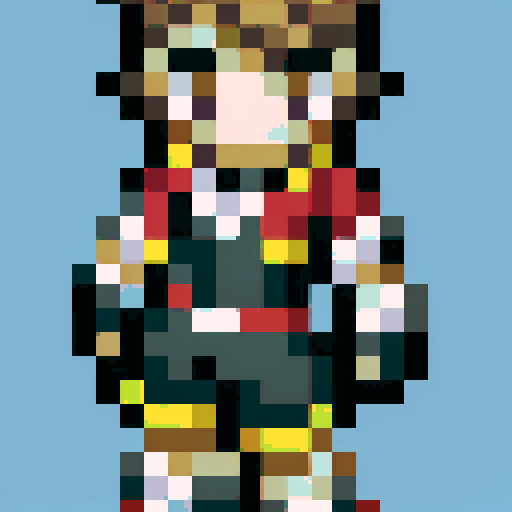 Wavy light blonde hair, purple eyes, zipped up orange jacket with bluish-green accents, grey pants, dark grey and orange colored shoes, vibrant sRGB pixel art style. In the style of Pokemon Ranger: Shadows of Almia.
