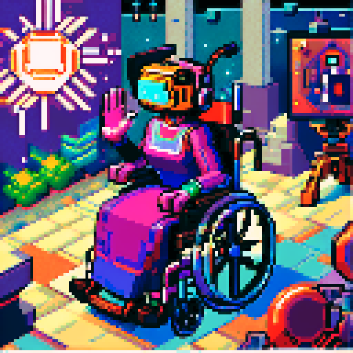 Wheelchair bound, vibrant colors, pixelated details, sRGB color palette, retro joystick, futuristic robotic arms, whimsical patterns, dynamic motion lines, expressive facial features, intricate pixel shading, immersive virtual reality headset