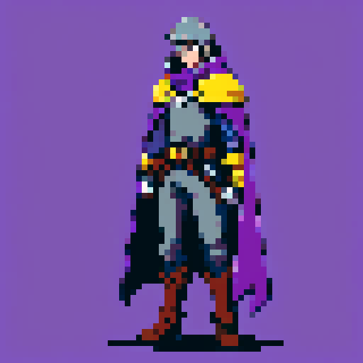 mysterious gunslinger with metal shoulder pads, metal gauntlets, bluish gray pants, brown leather chest armor with yellow highlights, bright purple tattered cloak covering face, sRGB, pixel art, fantasy RPG