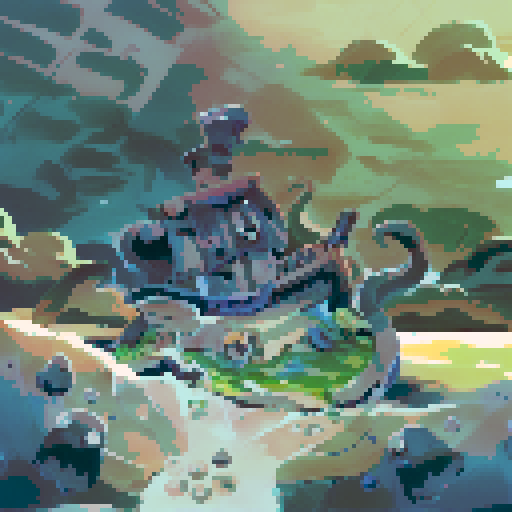 a main character, a few goblins in the background with bow, sword, spear, a mountain in the background.