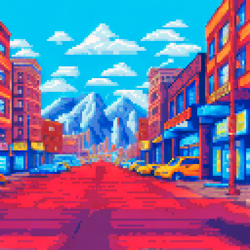 Colorado Springs city, streets of rage, pixelated buildings, vibrant colors, sRGB, detailed cars, bustling traffic, lively pedestrians, scenic background, mountainous landscape