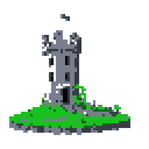 2d grey stone tower in an ancient english style. Old and crumbling but still upright. Green vines crisscross it. Usable as an asset (clear, thick lines and a white background). Put a black stroke around the composition