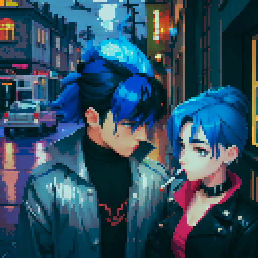 blue haired 90s pop girl on the right is smoking a cigarette, and the man on the left with black hair is holding a gun, night time rainy oldtime villag, grim