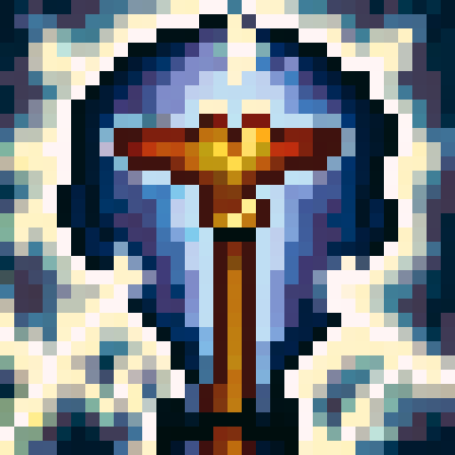 Saxophonist in a sleek black suit and vibrant orange tie, captured in a 32x32 pixel game icon with skillful, close-up portrait art.