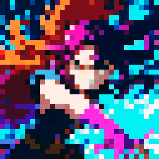 anime character, vibrant colors, dynamic pose, pixelated details, glowing eyes, flowing hair, action-packed scene, intense lighting, dramatic shadows, intricate background