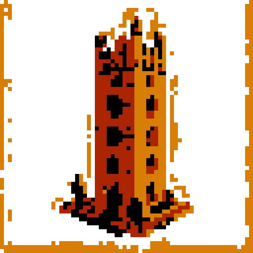 crumbling brick and copper tower seen from a head-on 2d flat perspective. Simple style, thick black lines, white background.