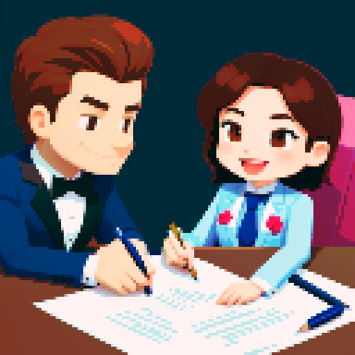 You can generate an image of two people in suits and one of them is with one hand on a pen on top of a signed contract on the table, while the other hand is shaking it with the other person while they stare at each other and with a smile in agreement. 
