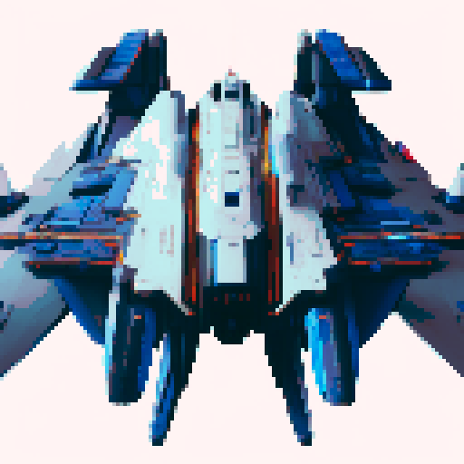 space battleship, sleek and angular, glowing blue propulsion engines, futuristic design, metallic hull with rivets, pixelated details, vibrant colors, starry background, shooting laser beams, intense action, dynamic composition