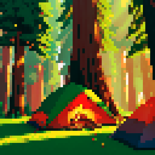 Redwood trees towering, dense foliage, sunbeams piercing through, campfire crackling, tents pitched, people roasting marshmallows, pixelated art, vibrant colors, sRGB palette
