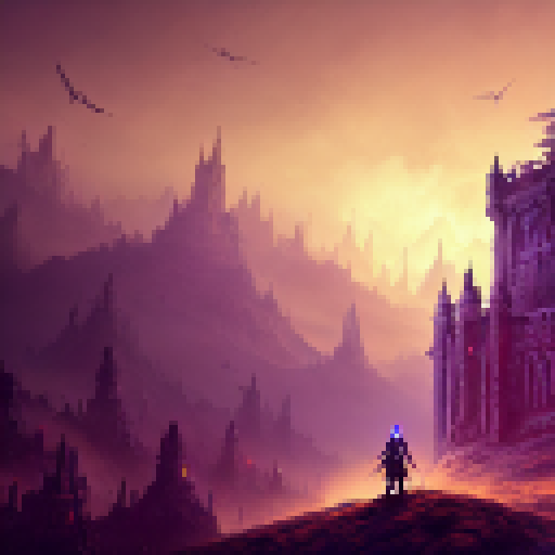 Necromancer, atop hill, surveys kingdom at sunset; undead army rises, ominous clouds gather, castle walls crumble, all in fantasy RPG style.