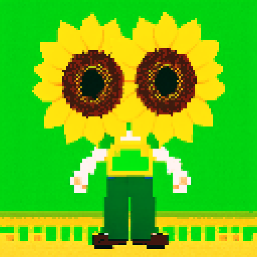 sunflower with smiling face, green pants